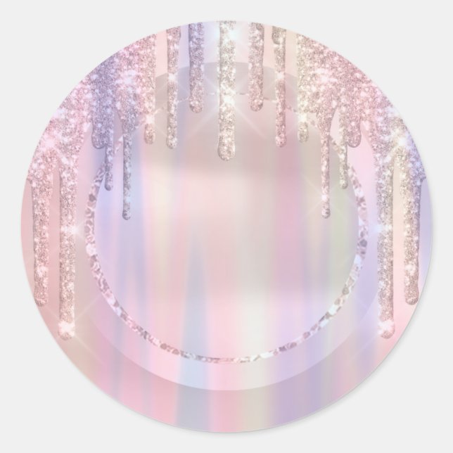  Drips Glitter Sweet 16th Unicorn Holograph Pink Classic Round Sticker (Front)