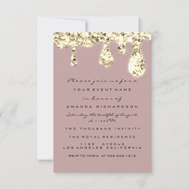  Drips Gold Glitter Bridal Sweet 16th Rose Invitation (Front)