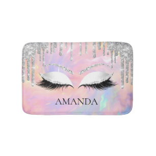 Drips Grey Name Eye Lashes Glitter Holographic Bath Mat