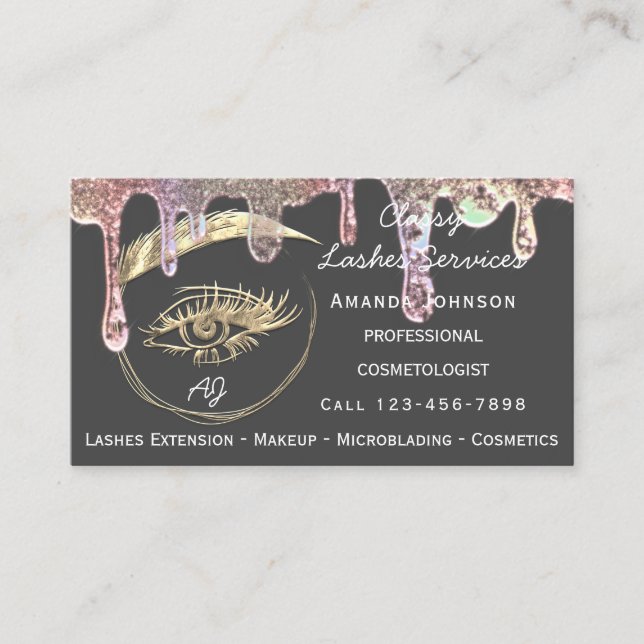 Drips Lashes Makeup Nail Microblade Logo Qr Code Business Card (Front)