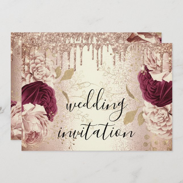 Drips Marsala Wedding Rose Gold Roses Burgundy Invitation (Front/Back)