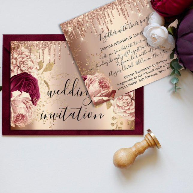 Drips Marsala Wedding Rose Gold Roses Invitation (Drips Marsala Wedding Rose Gold Roses Invitation)