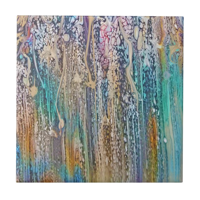 Drips of Teal and Beige Ceramic Tile (Front)