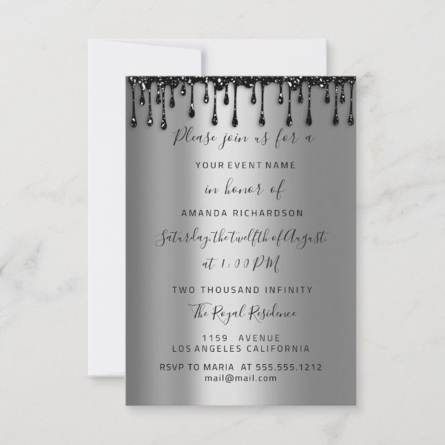  Drips Rose Black Sweet 16th Bridal Shower Silver Invitation (Front)