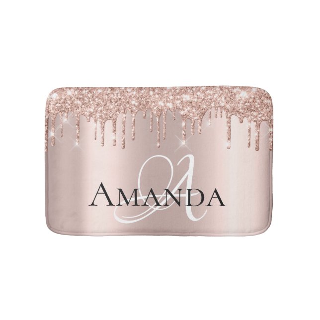 Drips Rose Gold Blush Glitter Name Monogram Bath Mat (Front)