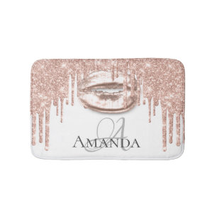 Drips Rose Gold Blush Glitter Name Monogram White Bath Mat