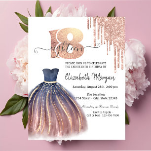 Drips Rose Gold Chic Dress Silver 18th Birthday   Invitation