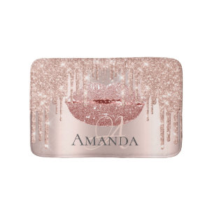 Drips Rose Pink Blush Glitter Name Monogram Makeup Bath Mat