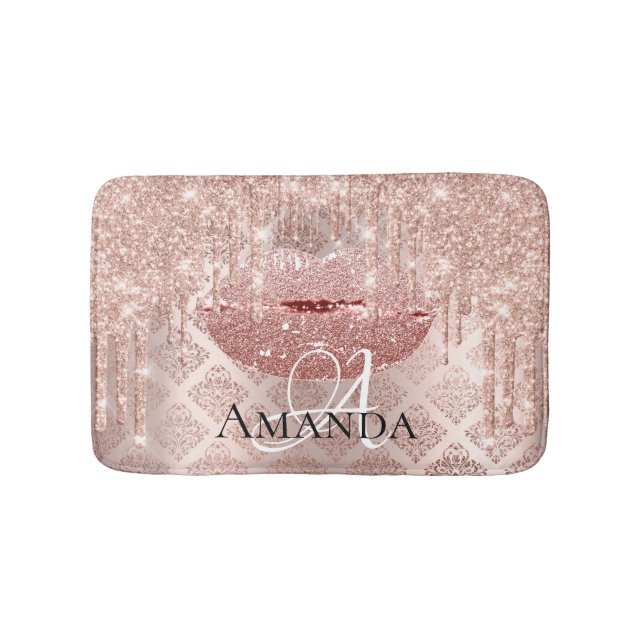 Drips Rose Pink Royal Glitter Name Monogram Makeup Bath Mat (Front)