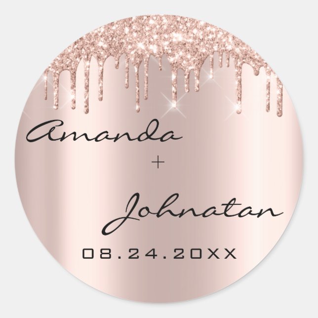 Drips Rose Simply Name Date Black Wedding Classic Round Sticker (Front)