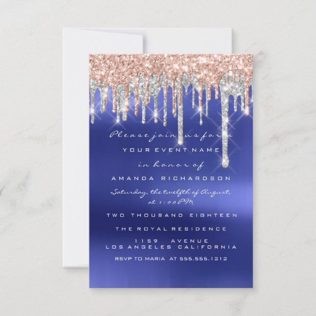 Drips Silver Blue Bridal Sweet 16th Wedding Invitation (Front)