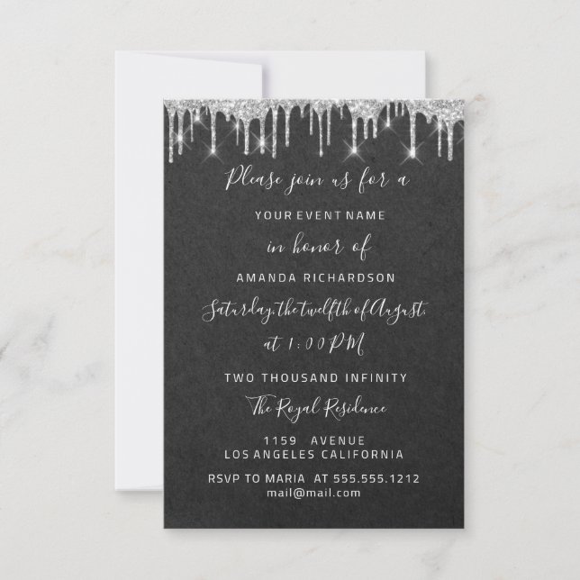 Drips Silver Bridal Wedding Sweet 16th Graphite Invitation (Front)