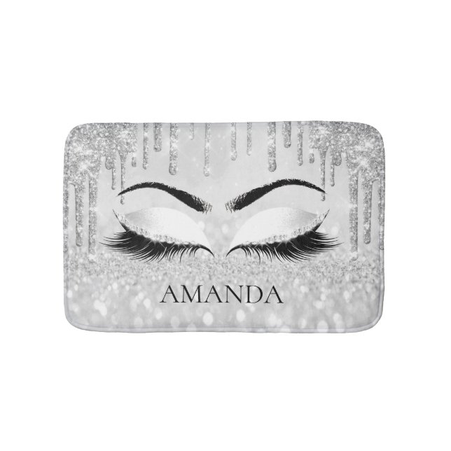 Drips Silver Glam Brows Eyes Lashes Glitter Name Bath Mat (Front)