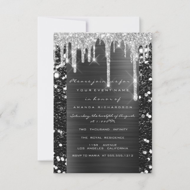 Drips Silver Grey Black Bridal Shower Sweet 16th  Invitation (Front)