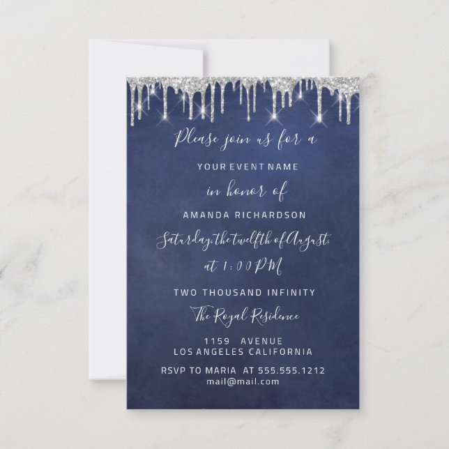 Drips Silver Paper Kraft Bridal Wedding Blue Navy Invitation (Front)