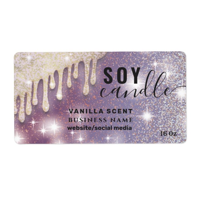 Drips sparkle glittery script soy candle label (Front)