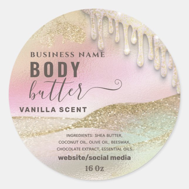 Drips sparkle holographic script body butter label (Front)
