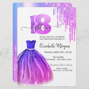 Drips Violet Chic Dress Silver 18th Birthday Invitation