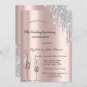 Drips Wine Glass Rose Gold Wedding Anniversary Invitation