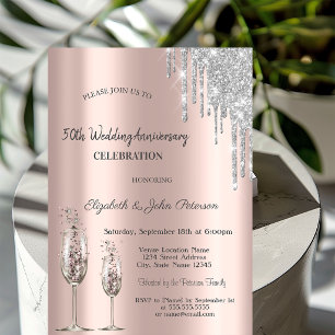 Drips Wine Glass Rose Gold Wedding Anniversary Invitation