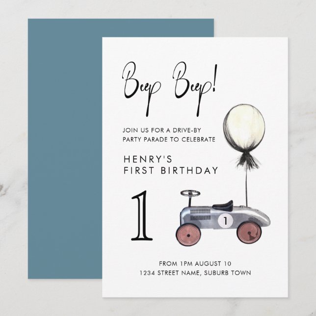 Drive by 1st Birthday Parade Retro Minimal Car Invitation (Front/Back)