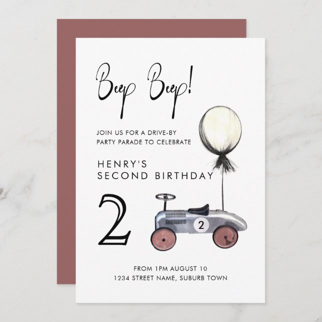 Drive by 2nd Birthday Parade Retro Minimalist Car Invitation (Front/Back)