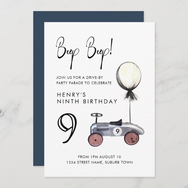 Drive by 9th Any Age Birthday Parade Retro Car Invitation (Front/Back)