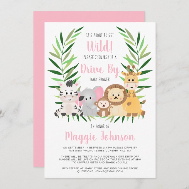 Drive By About to Get Wild Safari Baby Girl Shower Invitation (Front/Back)
