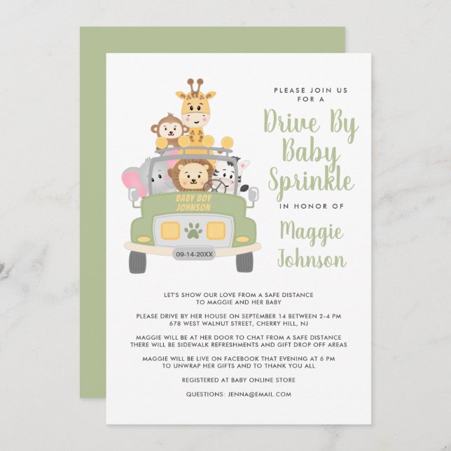 Drive By Animal Safari Baby Sprinkle Invitation (Front/Back)