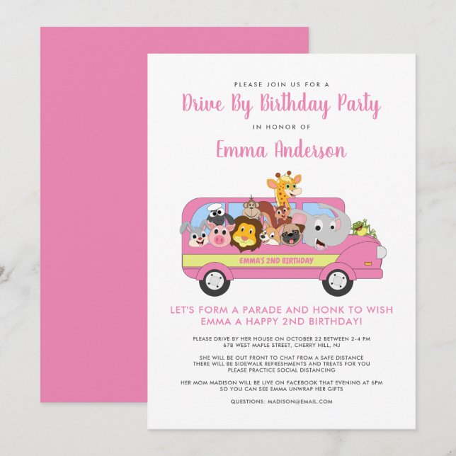 Drive By Animal Safari Cute Girl's Birthday Party Invitation (Front/Back)
