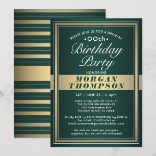 Drive-By Any Birthday Green Gold and White Party Invitation