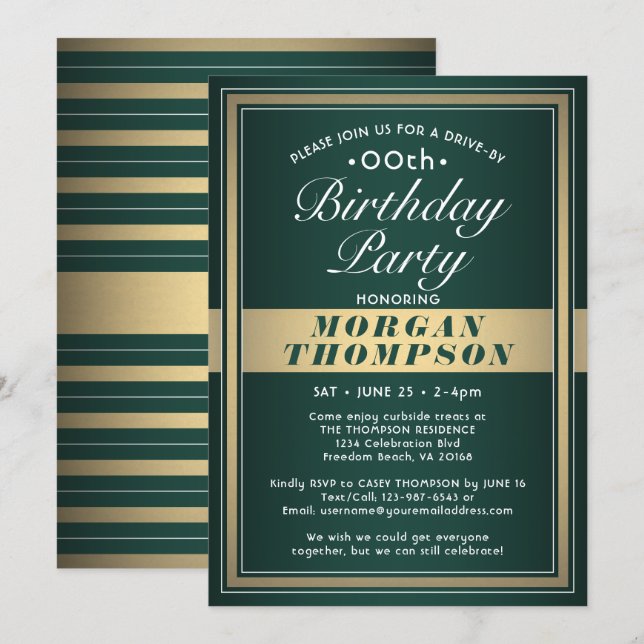 Drive-By Any Birthday Green Gold and White Party Invitation (Front/Back)
