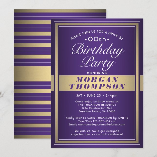 Drive-By Any Birthday Purple Gold and White Party Invitation (Front/Back)