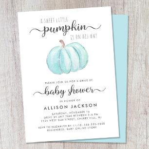 Drive By Baby Boy Shower Blue Pumpkin Watercolor Invitation