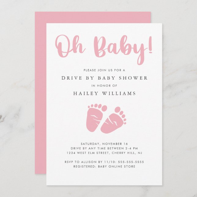 Drive By Baby Girl Shower | Oh Baby Baby Feet Pink Invitation (Front/Back)