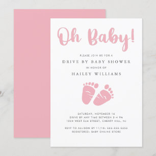 Drive By Baby Girl Shower   Oh Baby Baby Feet Pink Invitation