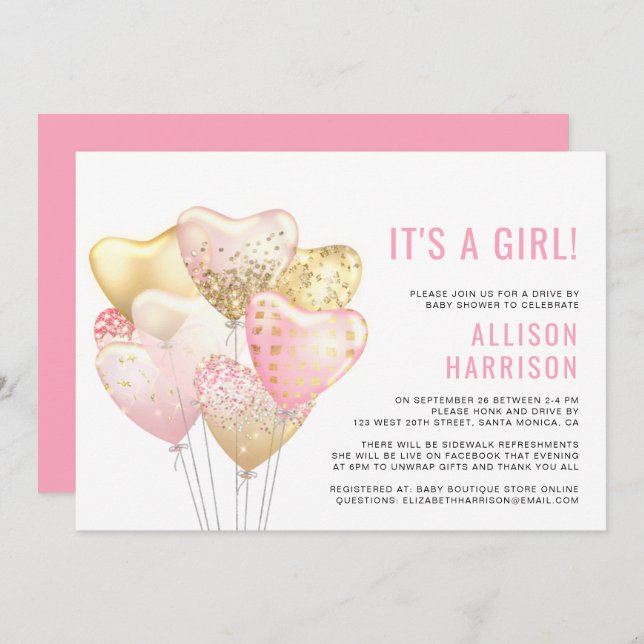 Drive By Baby Girl Shower Pink Glitter Balloon Invitation (Front/Back)