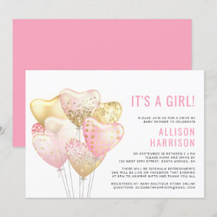 Drive By Baby Girl Shower Pink Glitter Balloon Invitation