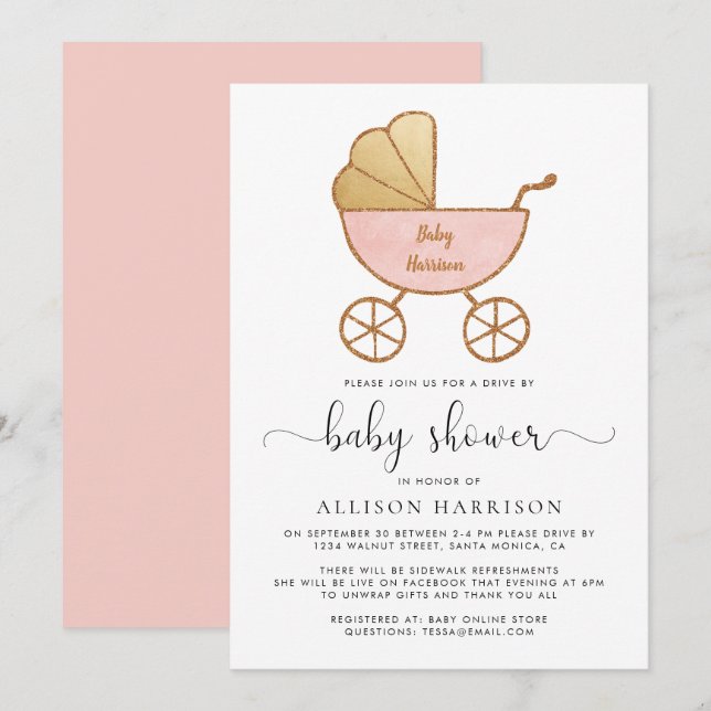 Drive By Baby Girl Shower Retro Carriage Pink Invitation (Front/Back)