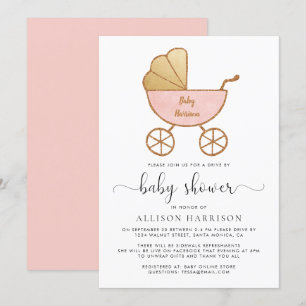 Drive By Baby Girl Shower Retro Carriage Pink Invitation