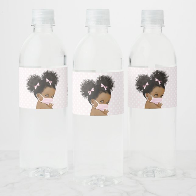 Drive By Baby Shower African American Baby Mask Water Bottle Label (Bottles)