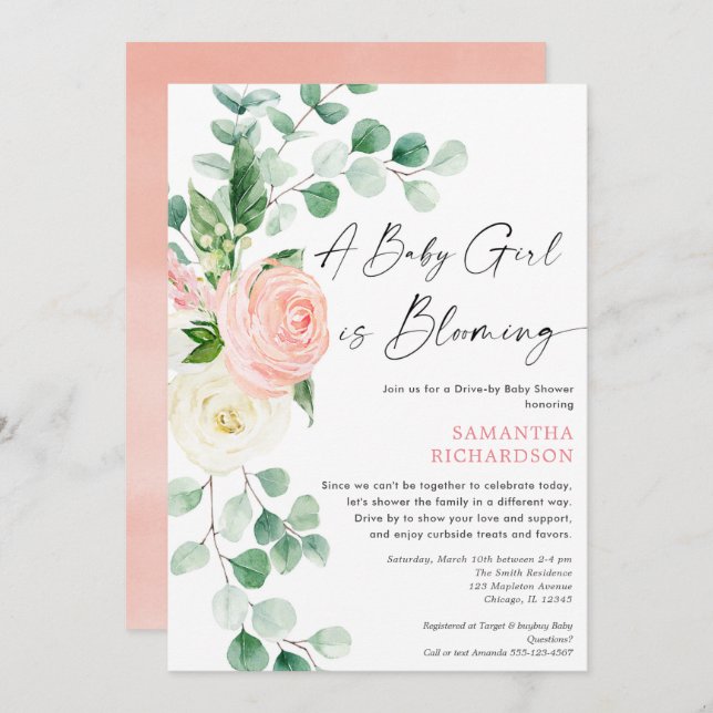 Drive by baby shower Baby girl is blooming spring Invitation (Front/Back)