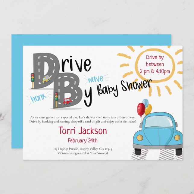 Drive By Baby Shower Blue Car and Balloons Invitation (Front/Back)