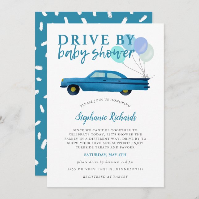 Drive By Baby Shower Blue Car Parade Invitation (Front/Back)