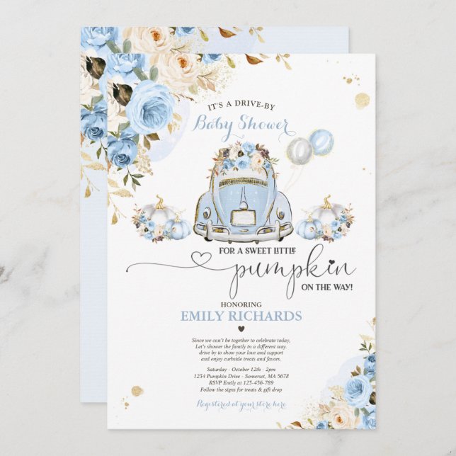 Drive By Baby Shower Blue Floral Roses Pumpkin Invitation (Front/Back)