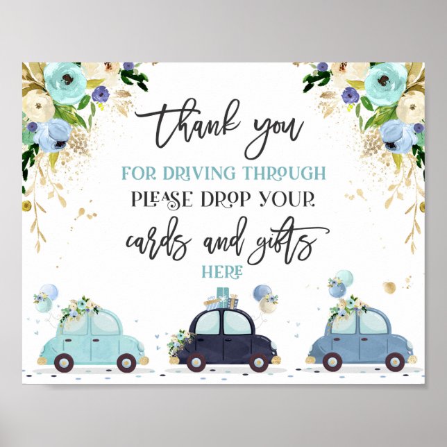 Drive By Baby Shower Cards Gifts Sign Blue Floral (Front)