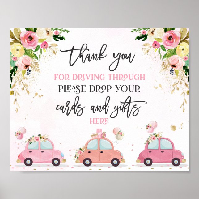 Drive By Baby Shower Cards Gifts Sign Pink Floral (Front)