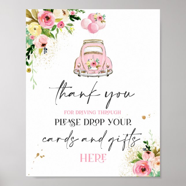 Drive By Baby Shower Cards Gifts Sign Pink Floral (Front)