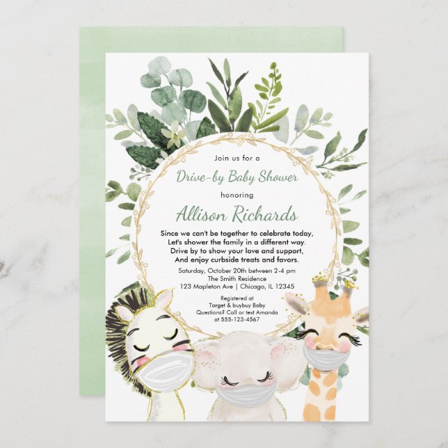 Drive-by baby shower cute animals greenery gold invitation (Front/Back)