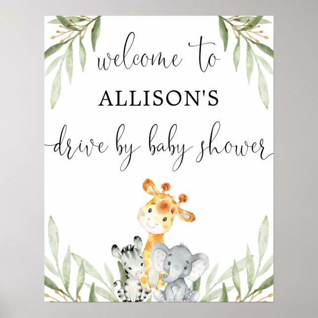 Drive by baby shower cute animals welcome sign (Front)